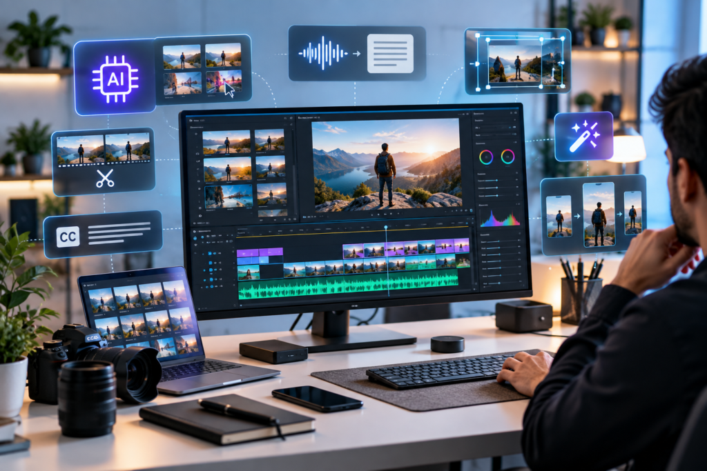 AI video editing workspace with video editing software and AI tools