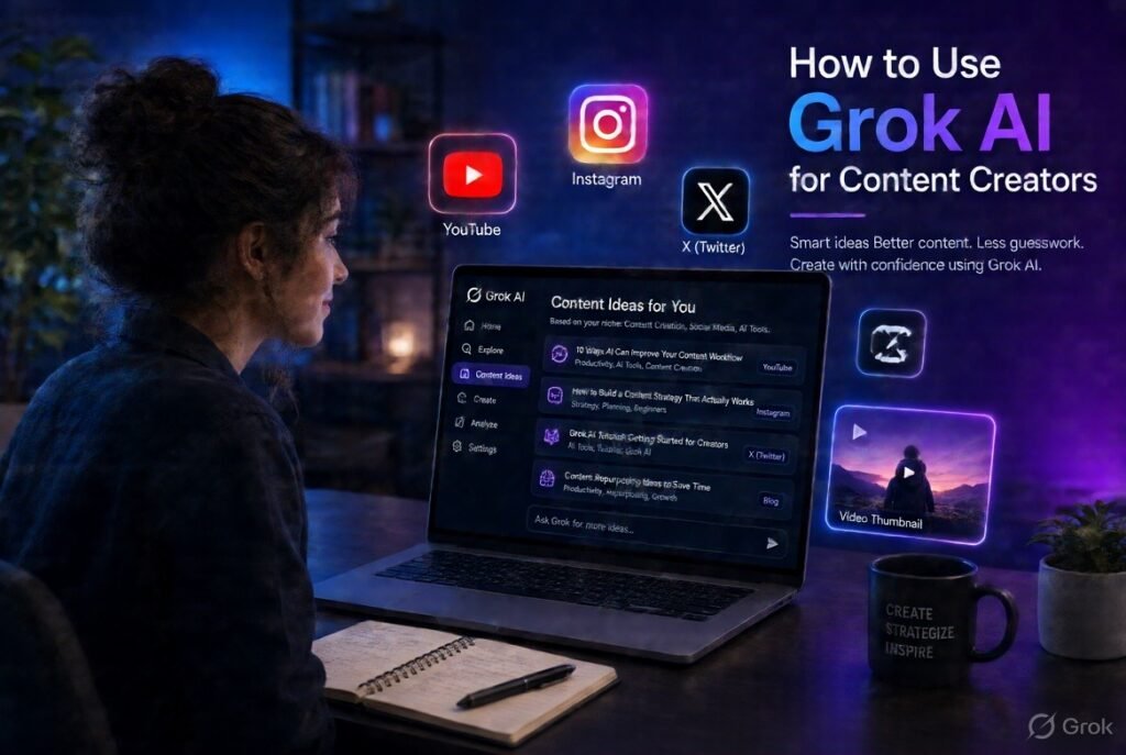 Content creator using Grok AI on laptop to generate content ideas for YouTube, Instagram and X